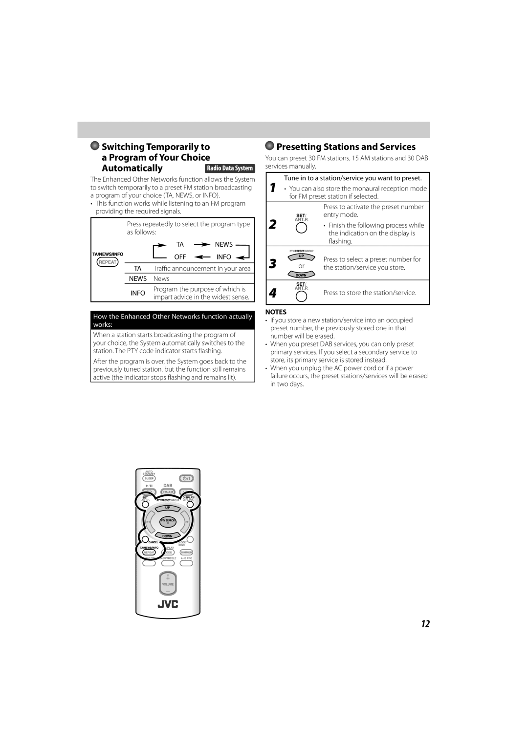 JVC GNT0065-025A manual Presetting Stations and Services, TA News OFF Info, TA Traﬃc announcement in your area News News 