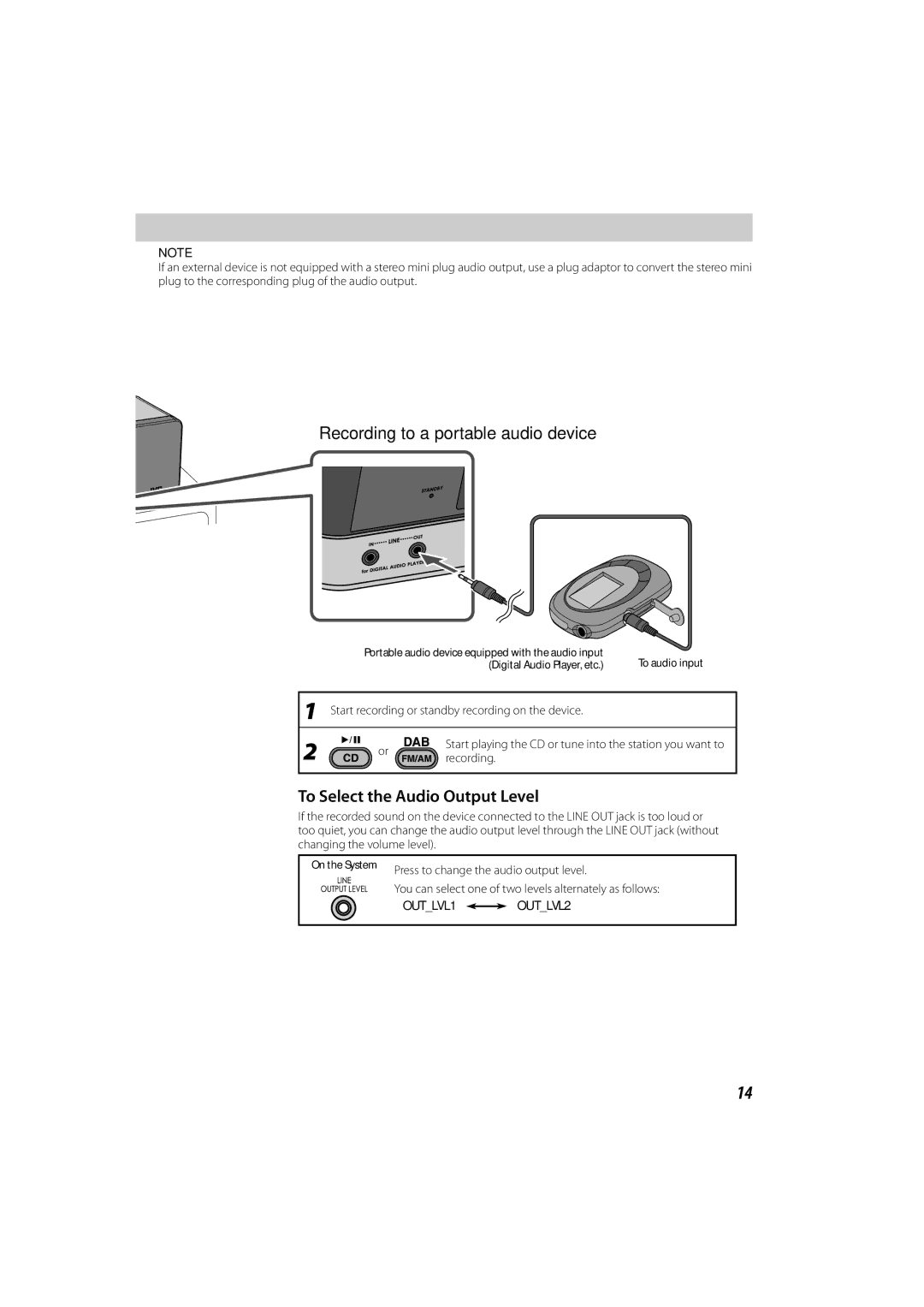 JVC GNT0065-025A manual Recording to a portable audio device, To Select the Audio Output Level, OUTLVL1 OUTLVL2 