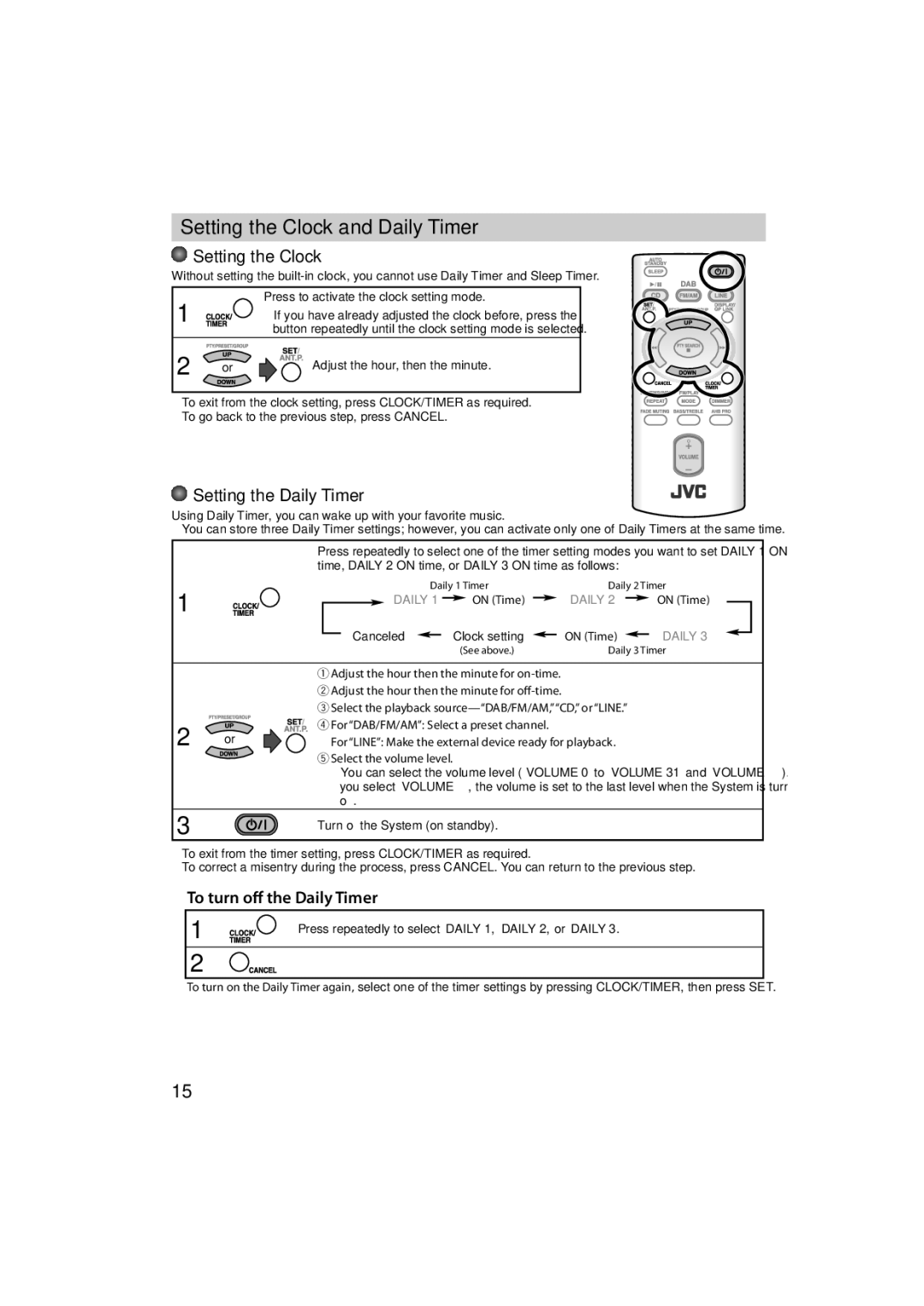 JVC GNT0065-025A manual Setting the Clock and Daily Timer, Setting the Daily Timer, To turn oﬀ the Daily Timer, Canceled 