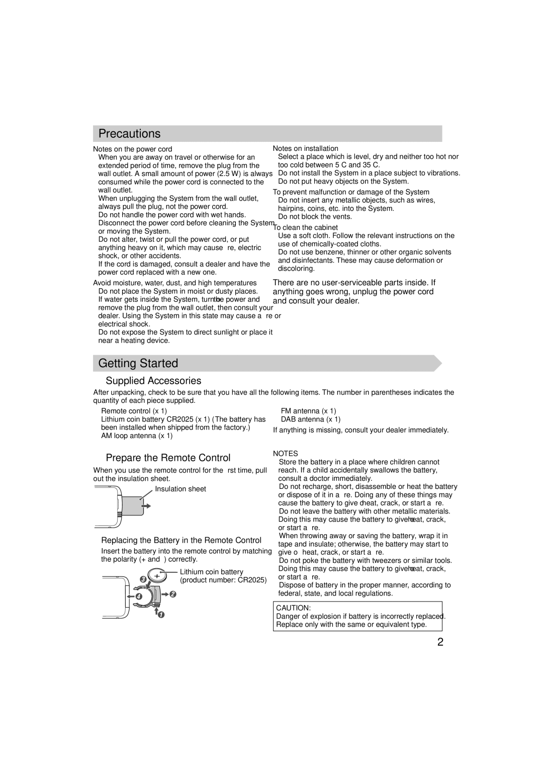 JVC GNT0065-025A manual Precautions, Getting Started, Supplied Accessories, Prepare the Remote Control 