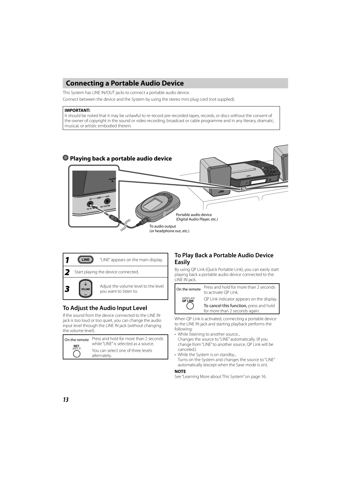 JVC GNT0065-025A Connecting a Portable Audio Device, Playing back a portable audio device, To Adjust the Audio Input Level 