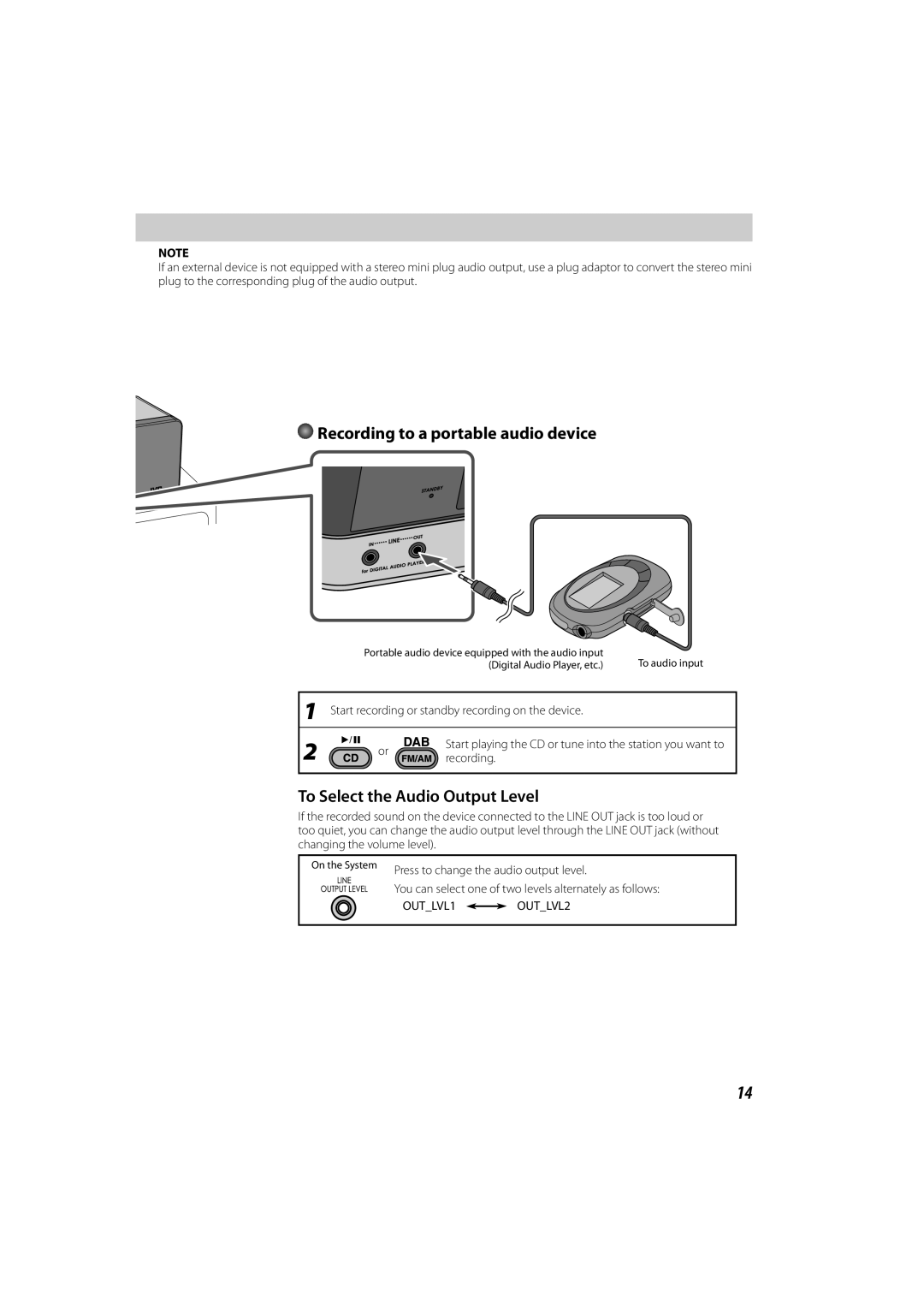 JVC GNT0065-025A manual Recording to a portable audio device, To Select the Audio Output Level 