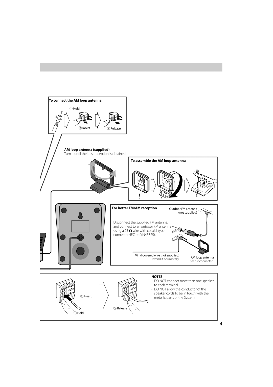 JVC GNT0065-025A manual To connect the AM loop antenna, AM loop antenna supplied, To assemble the AM loop antenna 