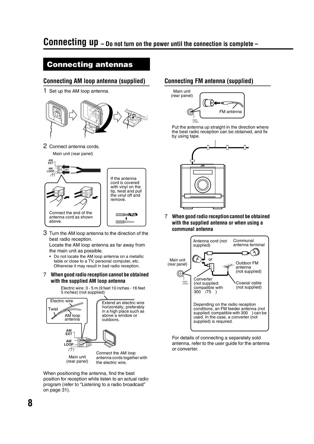 JVC GNT0066-001A manual Connecting antennas, Connecting AM loop antenna supplied, Connecting FM antenna supplied 