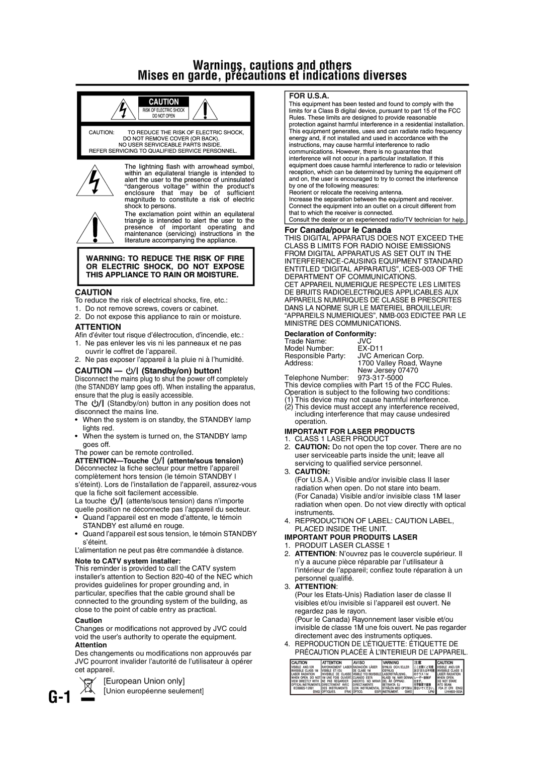 JVC GNT0066-001A manual European Union only, For Canada/pour le Canada 