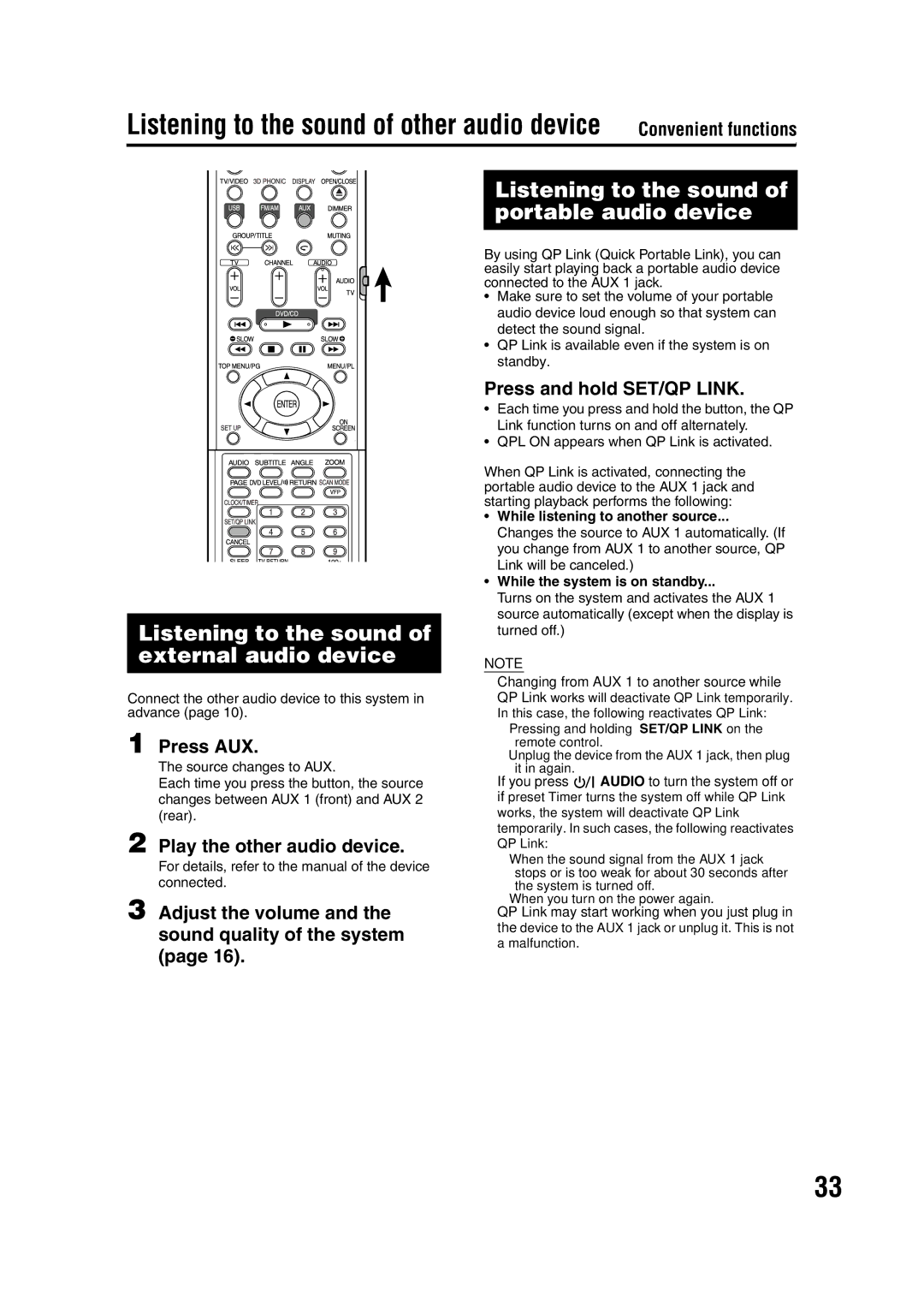 JVC GNT0066-001A manual Listening to the sound of external audio device, Listening to the sound of portable audio device 