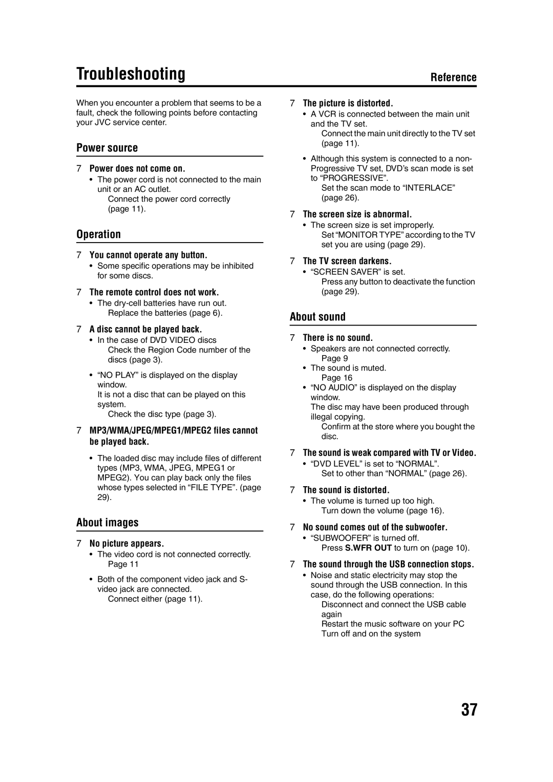 JVC GNT0066-001A manual Troubleshooting, Power source, Operation, About images, About sound 