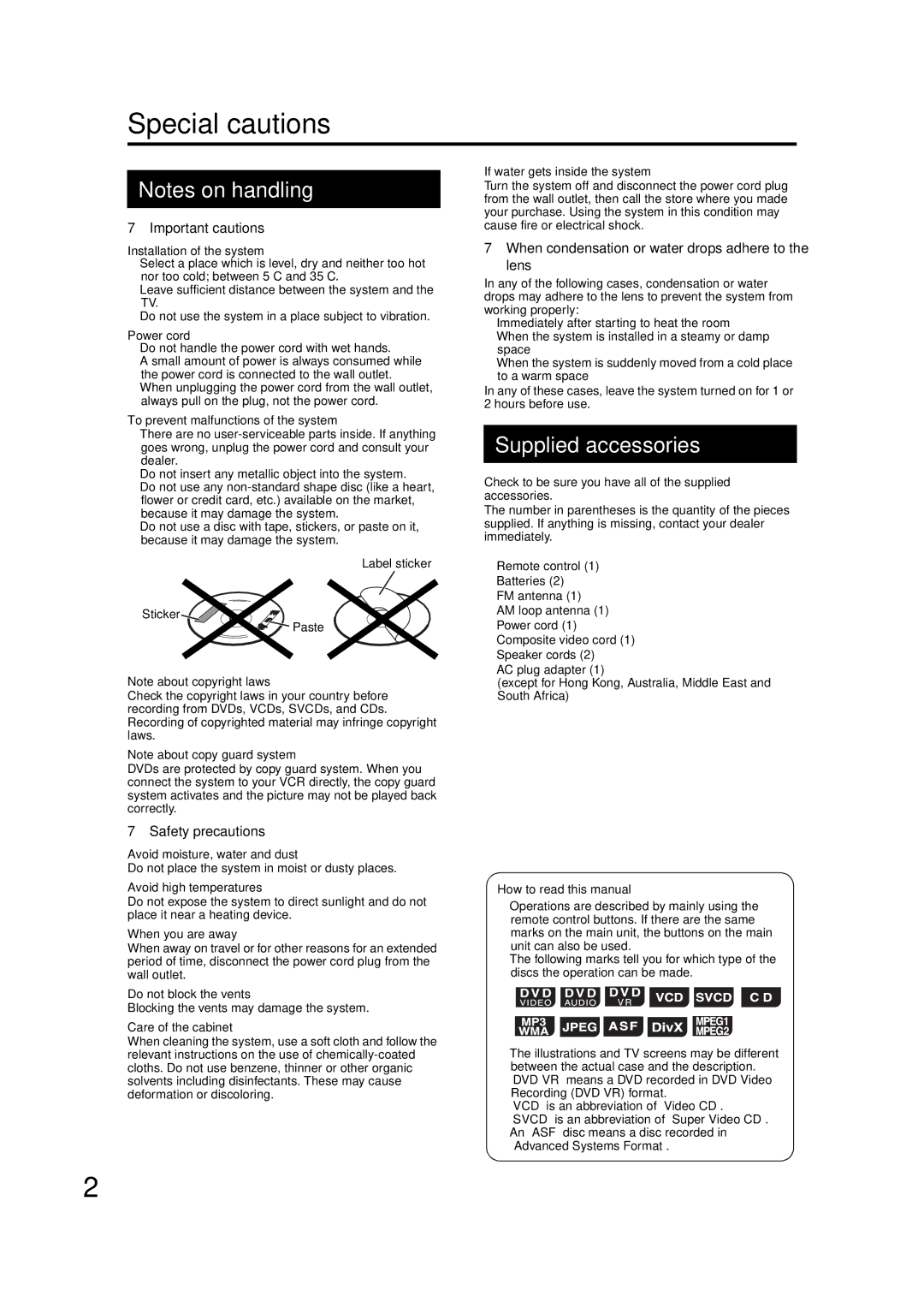 JVC GNT0066-001A manual Special cautions 