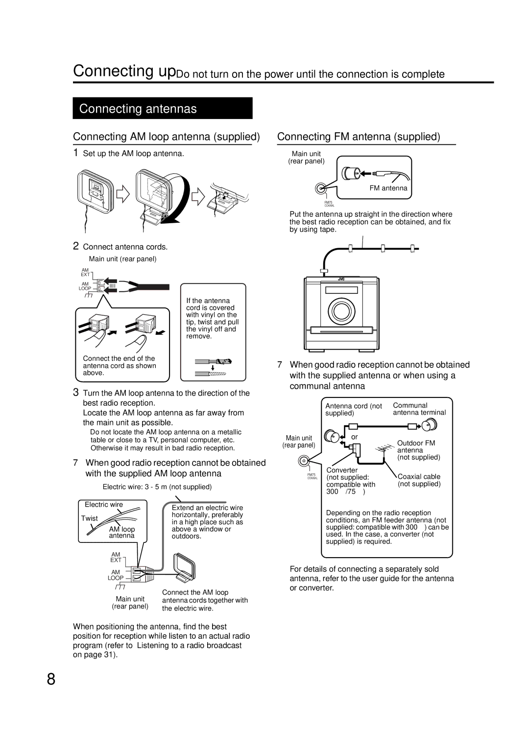 JVC GNT0066-001A manual Connecting antennas 