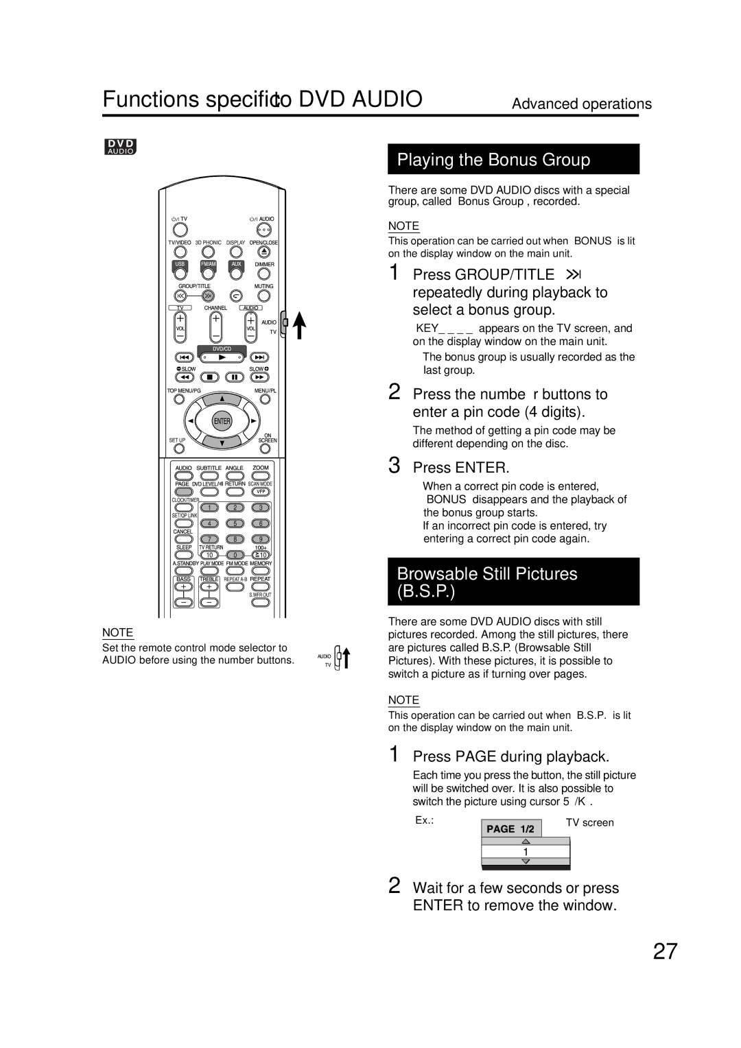 JVC GNT0066-001A manual Functions specific to DVD Audio 