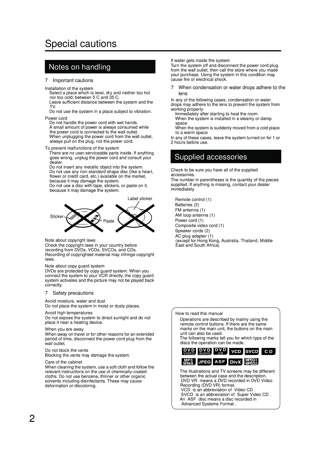 JVC GNT0066-001A manual Special cautions 