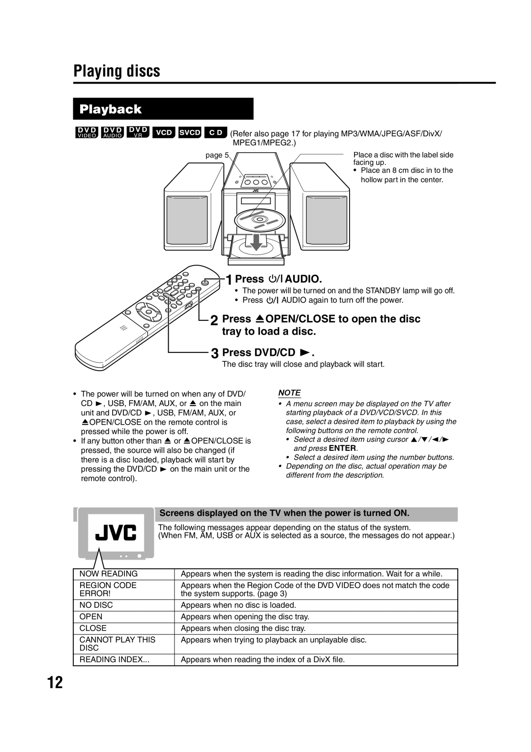 JVC GNT0066-001A manual Playing discs, Playback, Press AUDIO, Press DVD/CD 