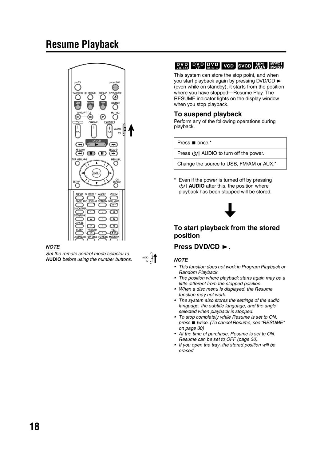 JVC GNT0066-001A manual Resume Playback, To suspend playback, To start playback from the stored position, Press DVD/CD 