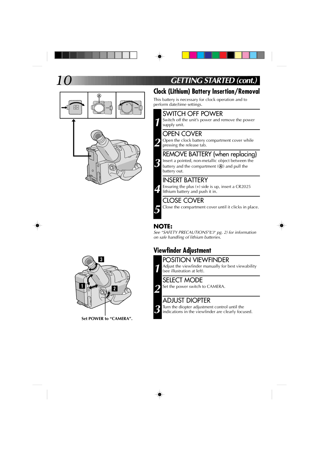 JVC GR-AX1010 manual Getting Started, Clock Lithium Battery Insertion/Removal, Viewfinder Adjustment 