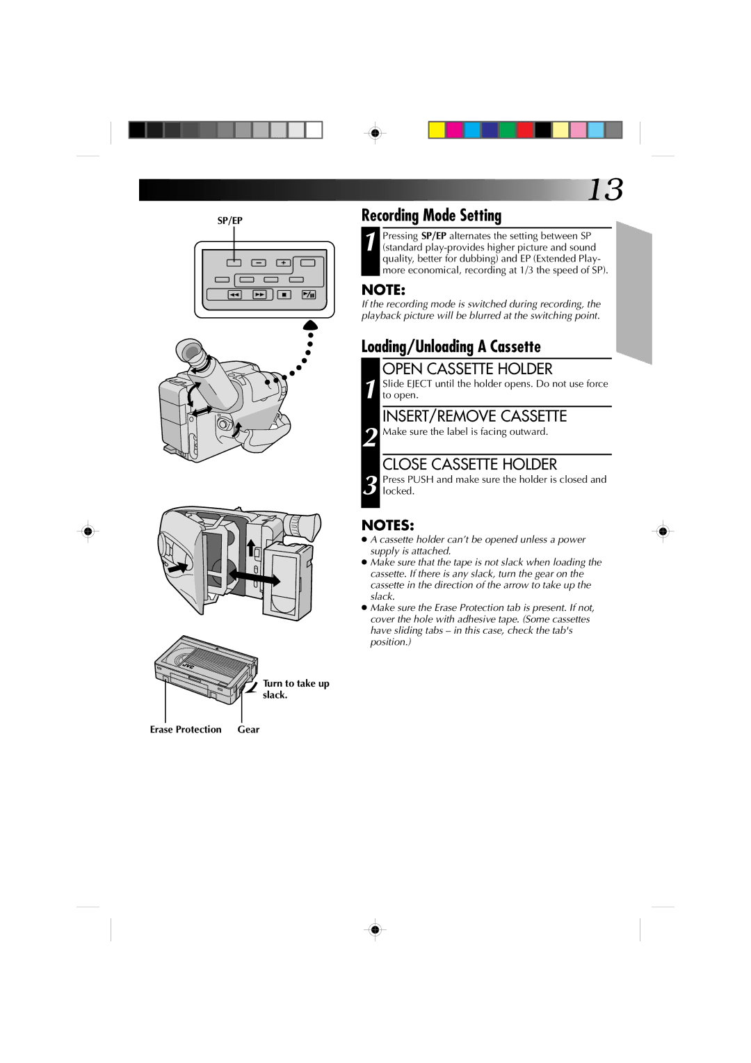 JVC GR-AX1010 manual Recording Mode Setting, Loading/Unloading a Cassette, Open Cassette Holder, INSERT/REMOVE Cassette 