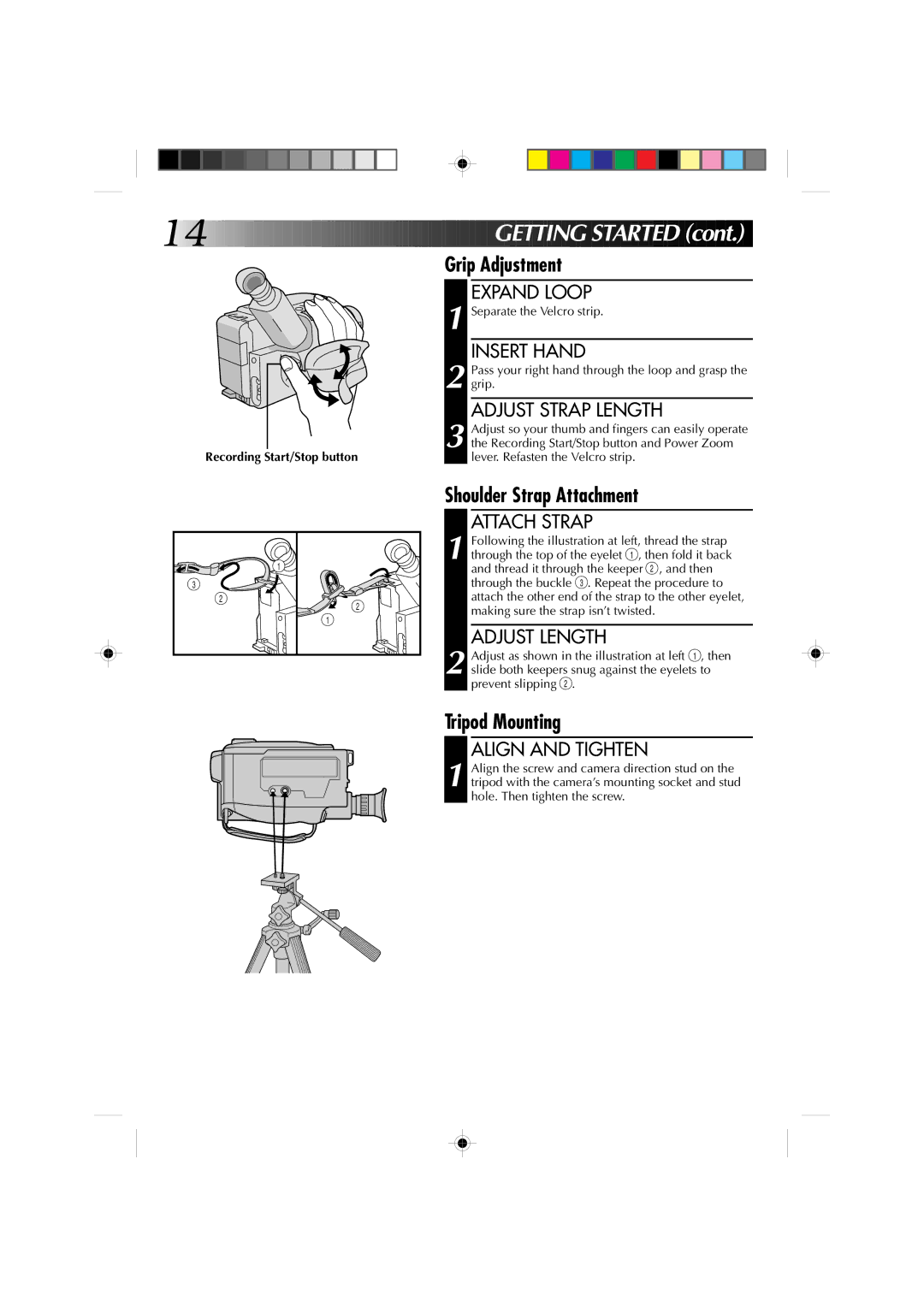 JVC GR-AX1010 manual Grip Adjustment, Shoulder Strap Attachment, Tripod Mounting 