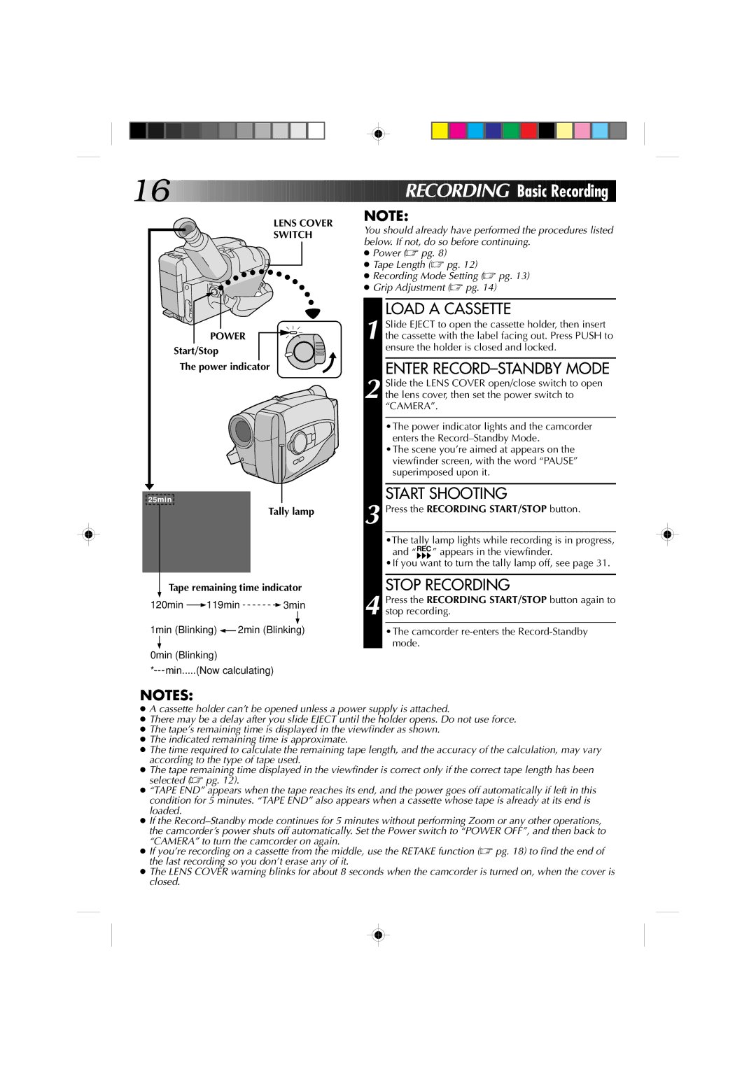 JVC GR-AX1010 Stop Recording, Lens Cover Switch Power, Start/Stop Power indicator, Press the Recording START/STOP button 