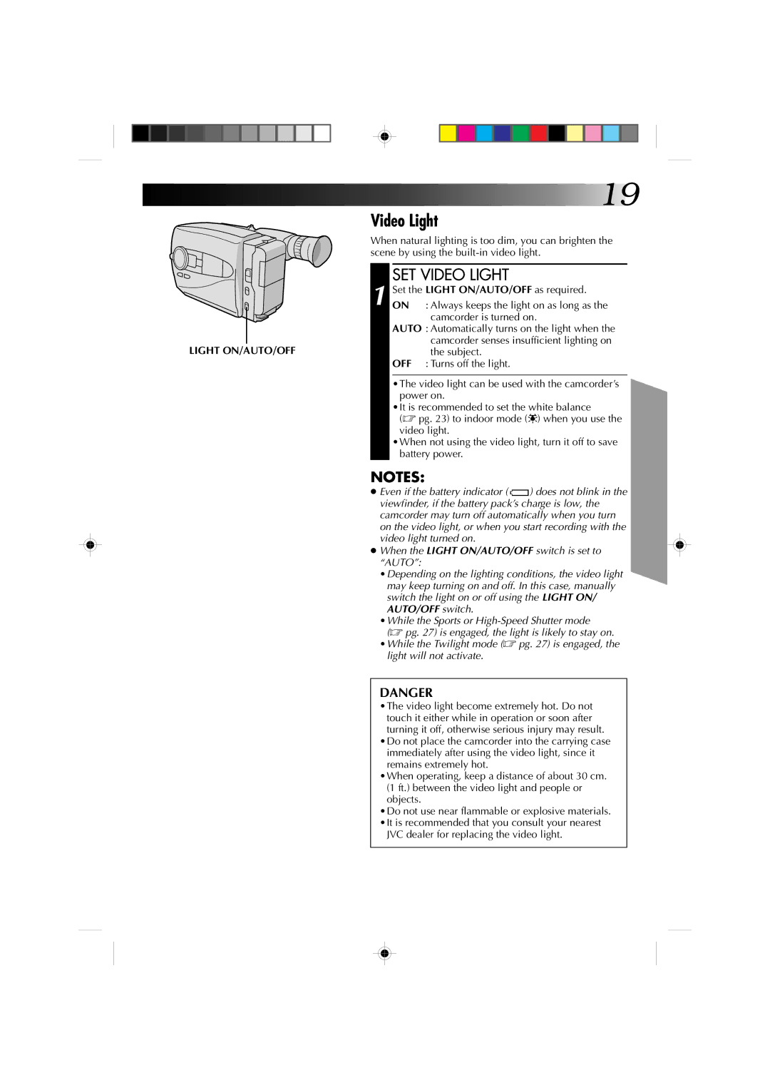 JVC GR-AX1010 manual SET Video Light, Light ON/AUTO/OFF 