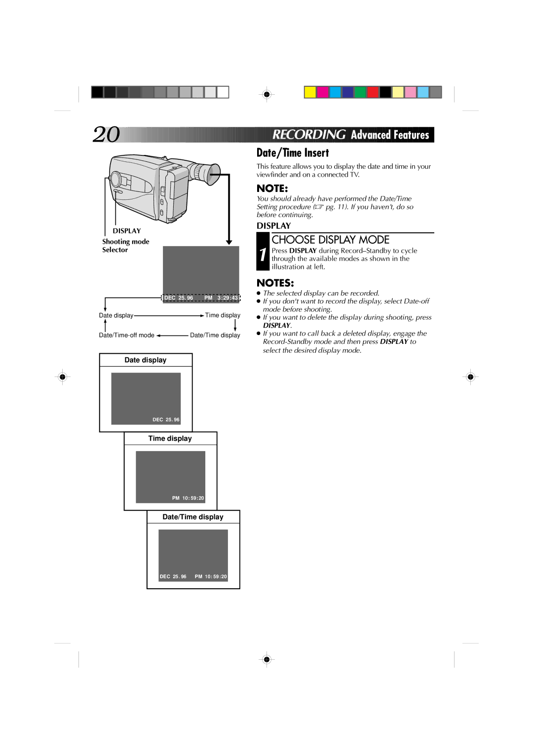 JVC GR-AX1010 manual Ecording Advanced Features, Date/Time Insert, Choose Display Mode 