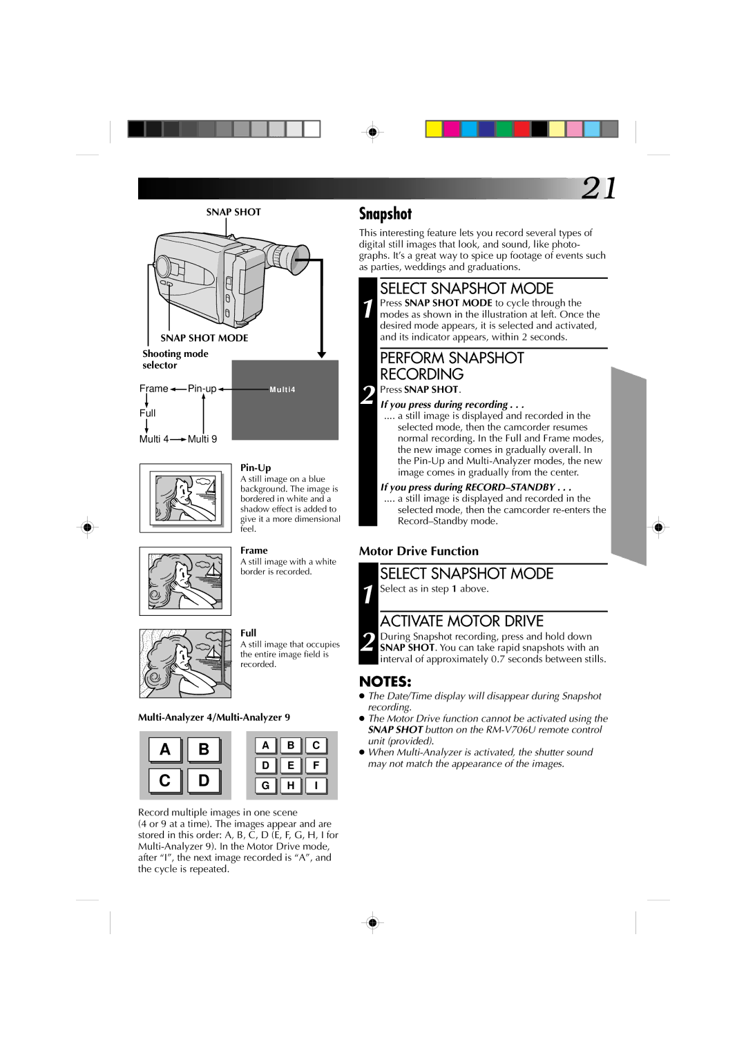 JVC GR-AX1010 manual Select Snapshot Mode, Perform Snapshot Recording, Activate Motor Drive, Snap Shot Snap Shot Mode 