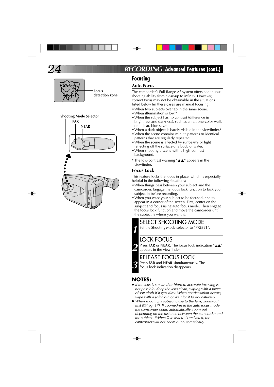 JVC GR-AX1010 manual Focusing, Lock Focus, Release Focus Lock, FAR Near, Patterns that are regularly repeated 