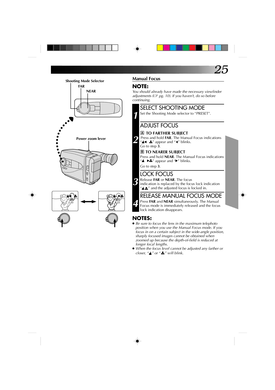 JVC GR-AX1010 manual Release Manual Focus Mode, To Farther Subject, To Nearer Subject 