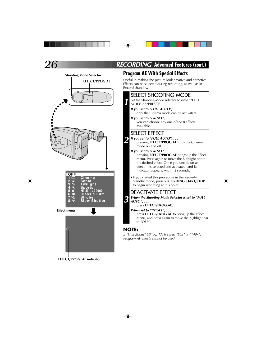 JVC GR-AX1010 manual Program AE With Special Effects, Select Effect, Deactivate Effect, Effect/Prog.Ae Off 