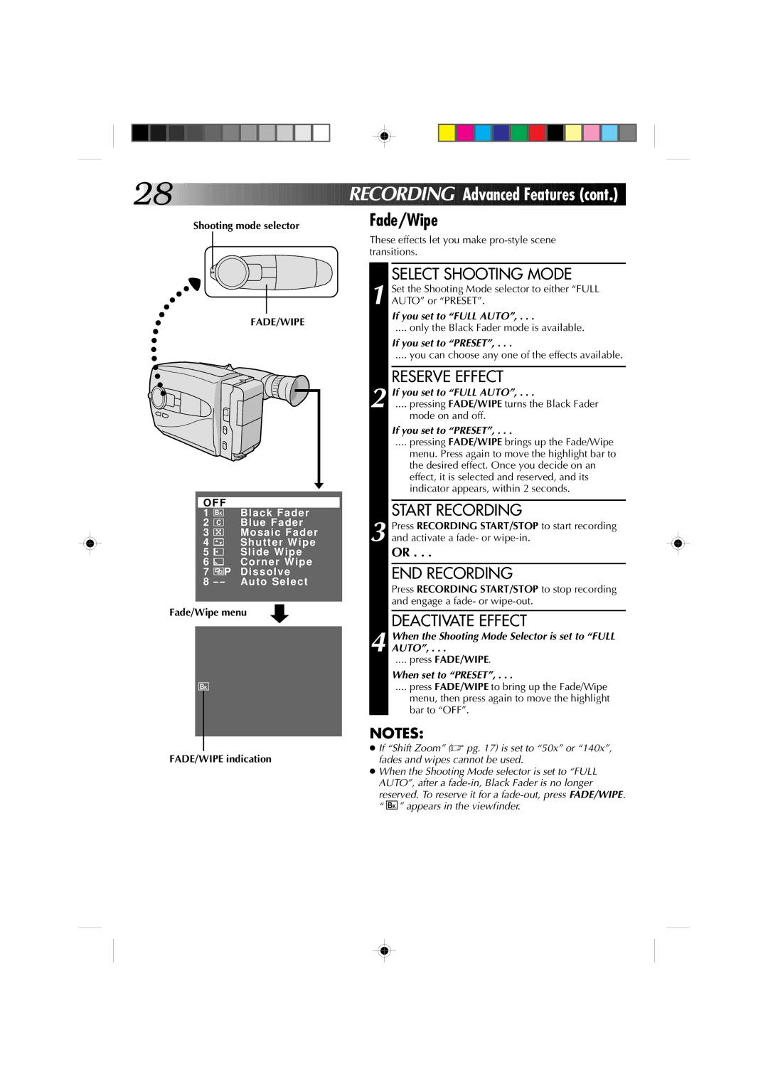 JVC GR-AX1010 manual Reserve Effect, Start Recording, END Recording, Fade/Wipe menu FADE/WIPE indication 