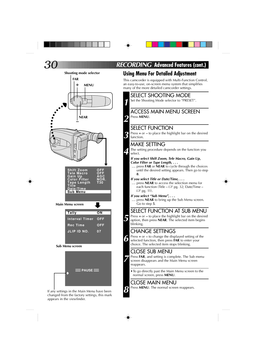 JVC GR-AX1010 manual Using Menu For Detailed Adjustment, Make Setting, Select Function AT SUB Menu, Change Settings 