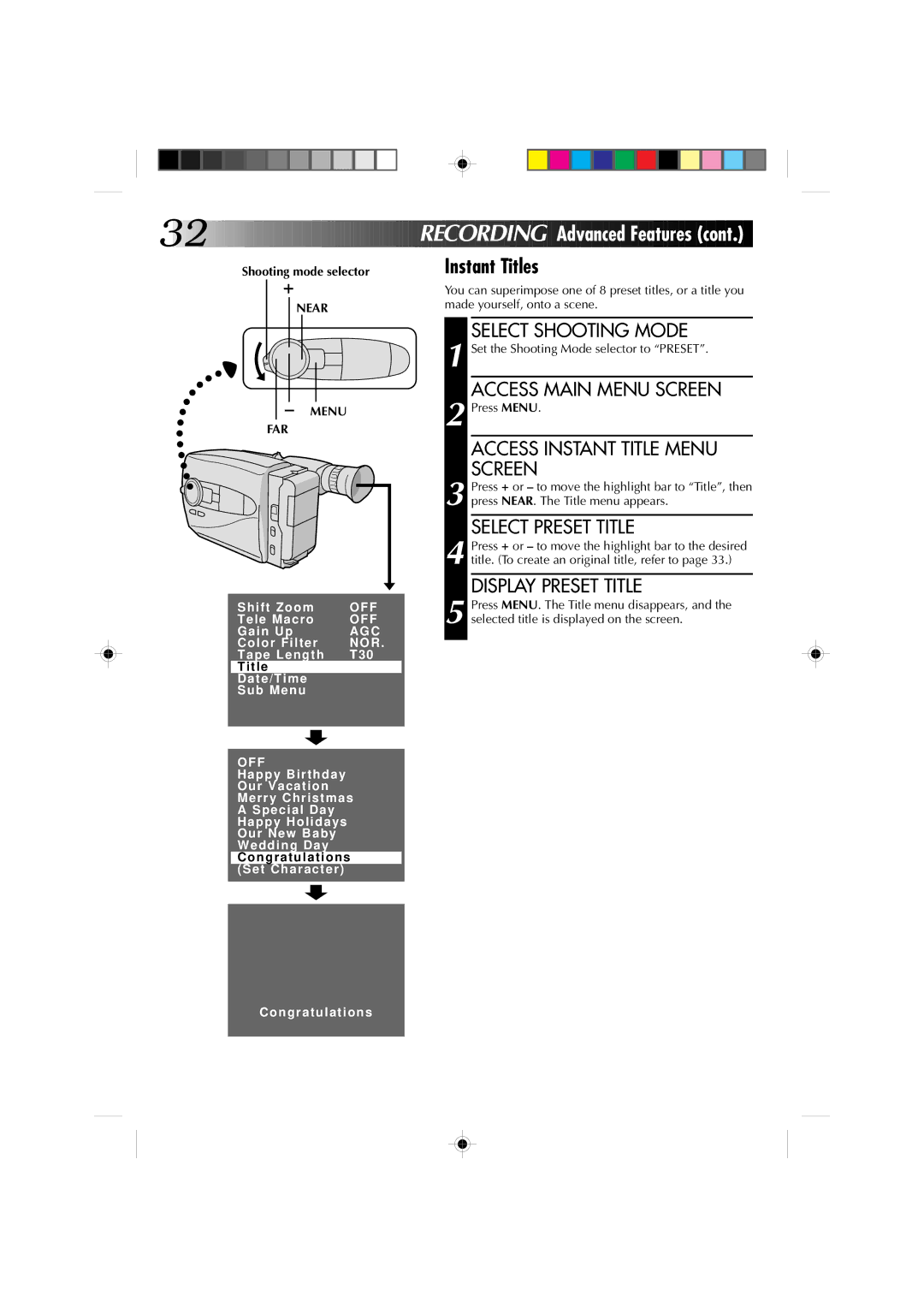 JVC GR-AX1010 manual Instant Titles, Select Preset Title, Display Preset Title, Menu FAR 