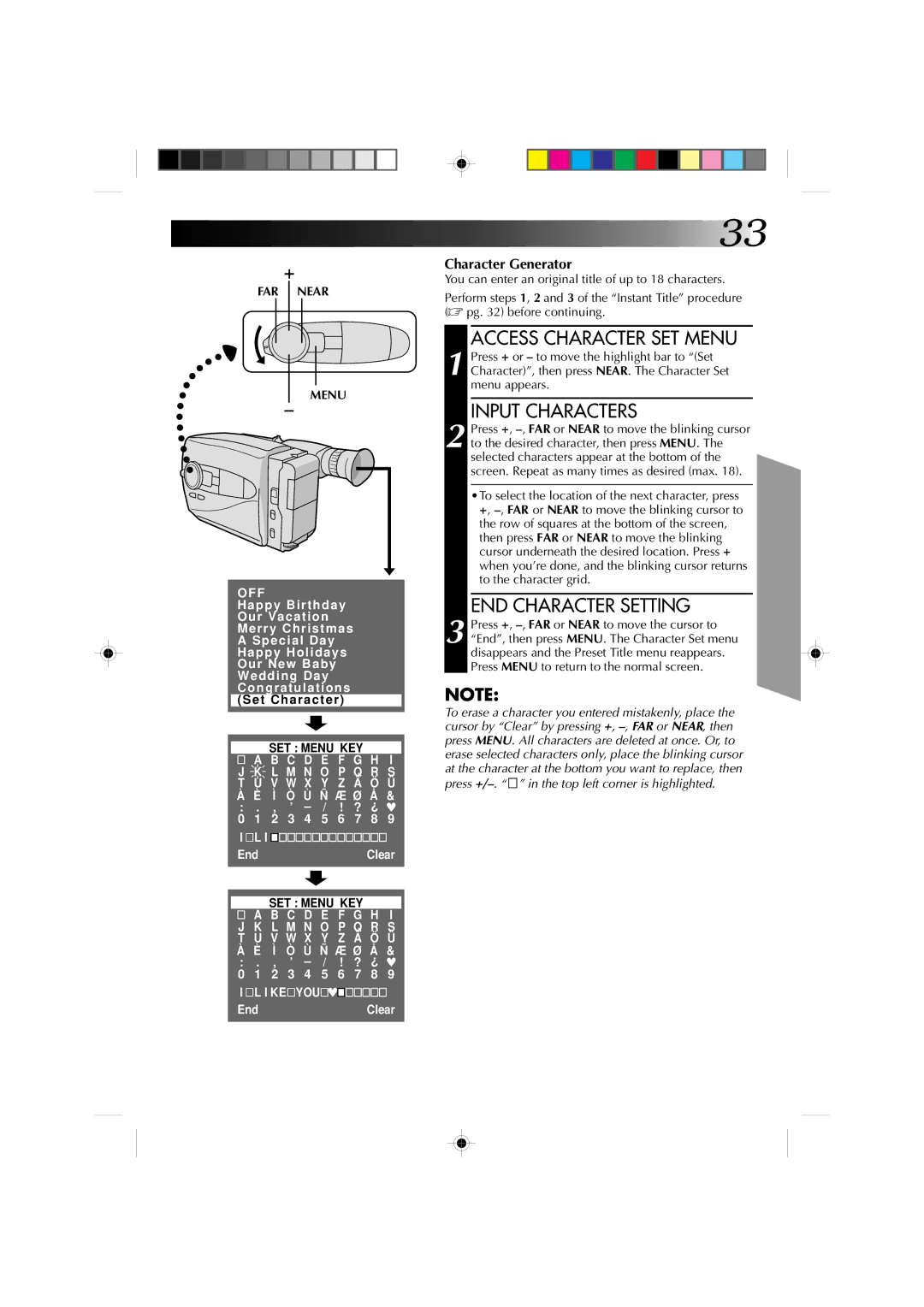 JVC GR-AX1010 manual Access Character SET Menu, Input Characters, END Character Setting, FAR Near Menu 