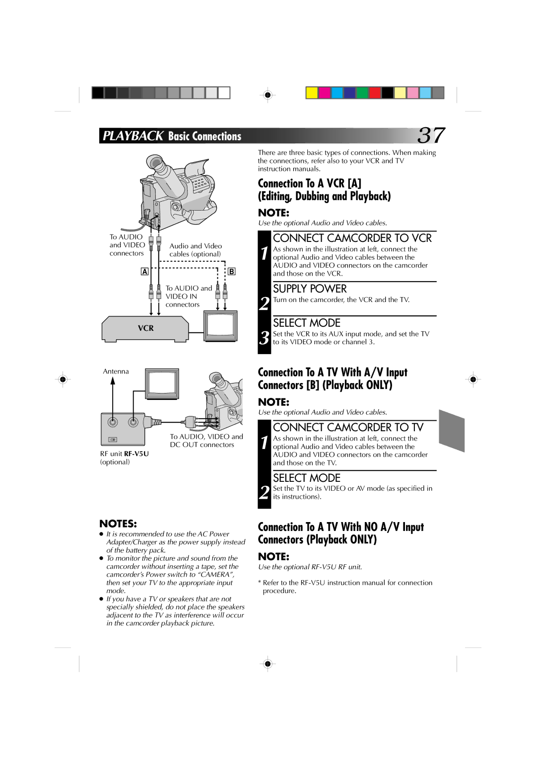 JVC GR-AX1010 manual Connection To a VCR a Editing, Dubbing and Playback, Connect Camcorder to VCR, Connect Camcorder to TV 