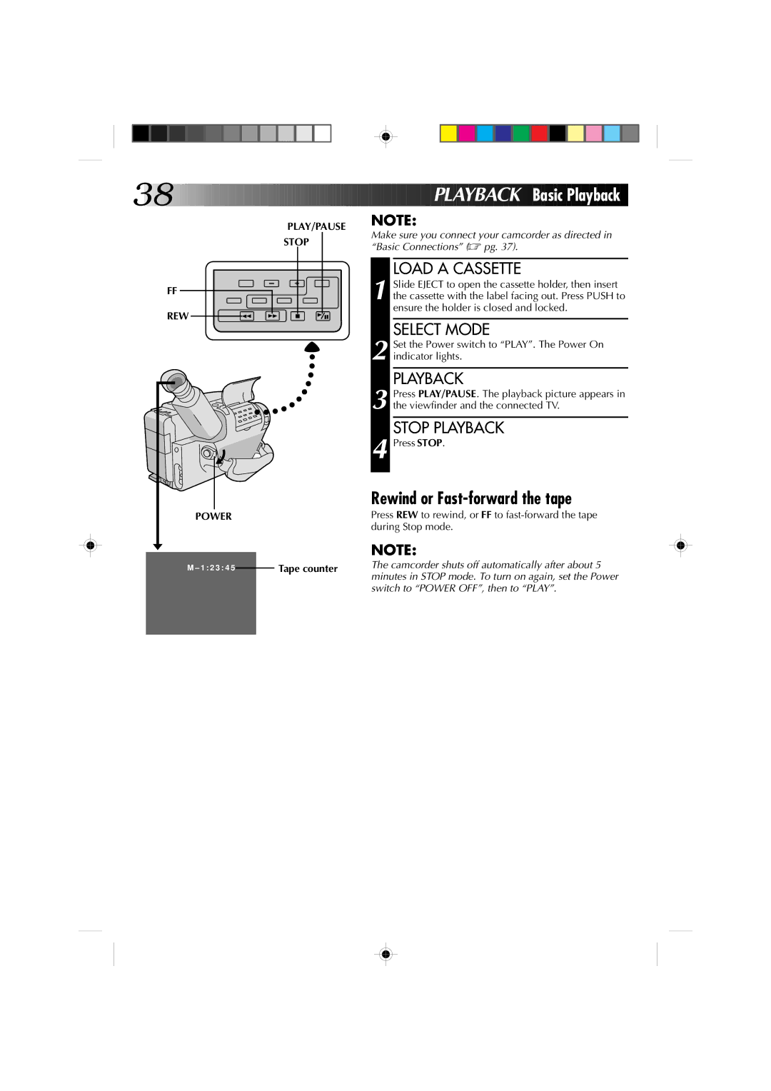 JVC GR-AX1010 manual Playba CK Basic Playback, Rewind or Fast-forward the tape, Load a Cassette, Stop Playback 