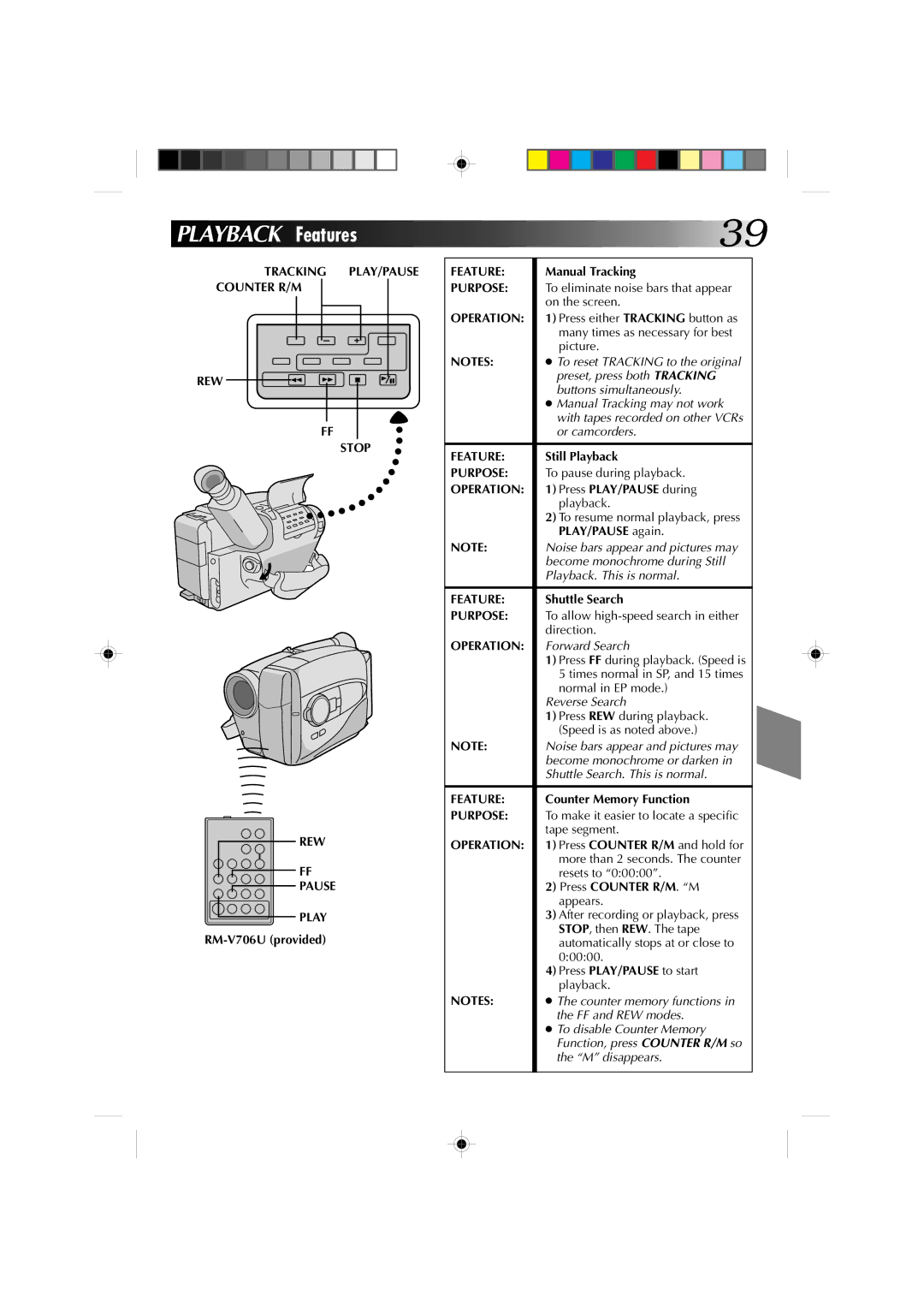 JVC GR-AX1010 manual Playback Features, Tracking PLAY/PAUSE Counter R/M REW Stop Pause Play 