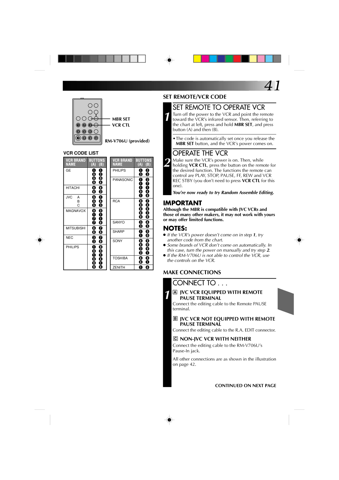 JVC GR-AX1010 manual SET Remote to Operate VCR, Operate the VCR, Connect to 