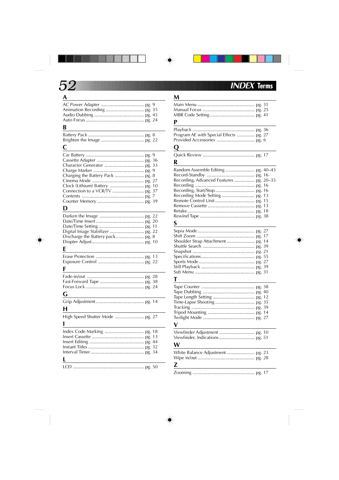 JVC GR-AX1010 manual Index Terms 