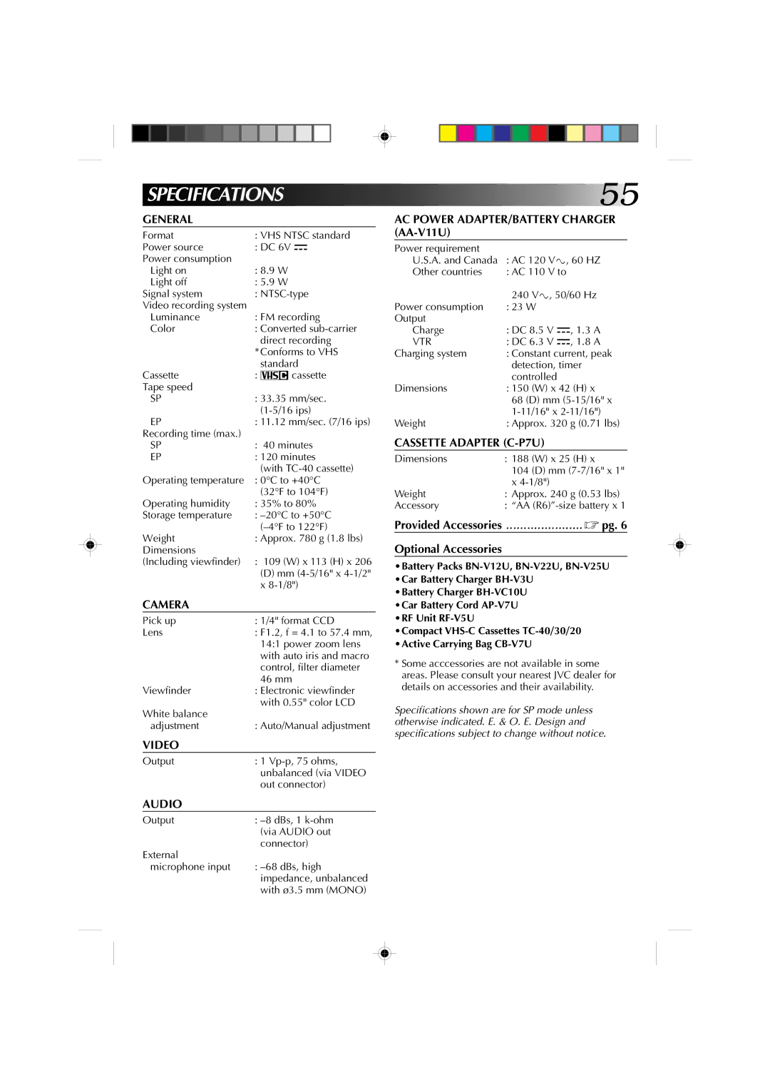 JVC GR-AX1010 manual General, Camera, Video, Audio, AC Power ADAPTER/BATTERY Charger AA-V11U, Cassette Adapter C-P7U 