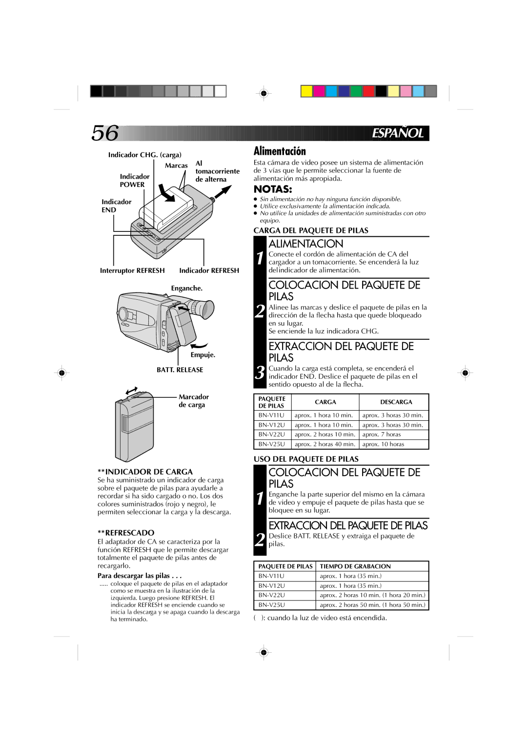 JVC GR-AX1010 manual Alimentación, Alimentacion, Colocacion DEL Paquete DE Pilas, Extraccion DEL Paquete DE Pilas 