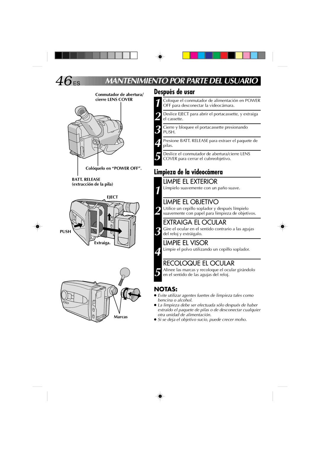 JVC GR-AX1027 manual ES MAN Tenimiento P O R Parte DEL Usuario, Después de usar, Limpieza de la videocámera 