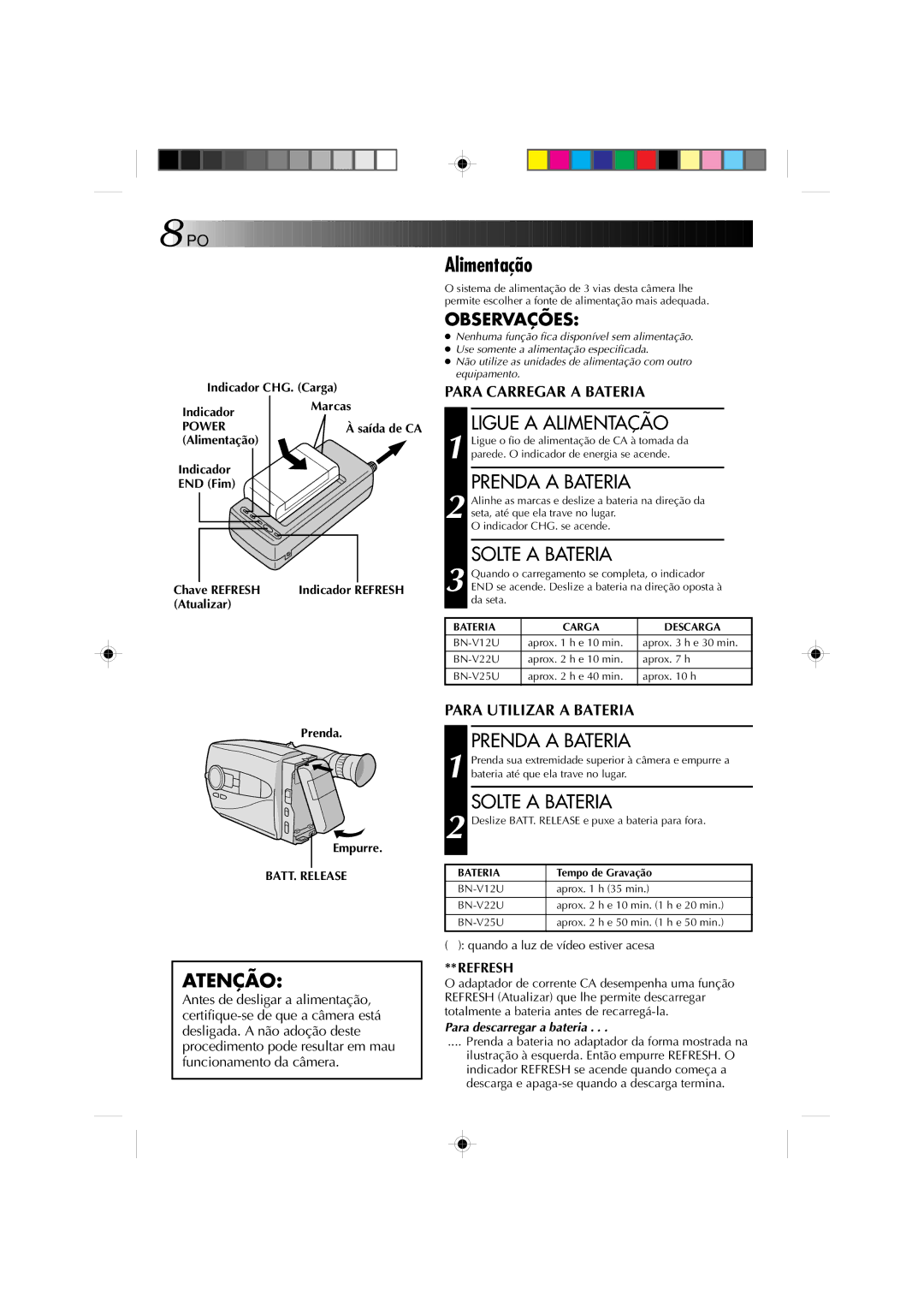 JVC GR-AX1027 manual Ligue a Alimentação, Prenda a Bateria, Solte a Bateria, Observações 