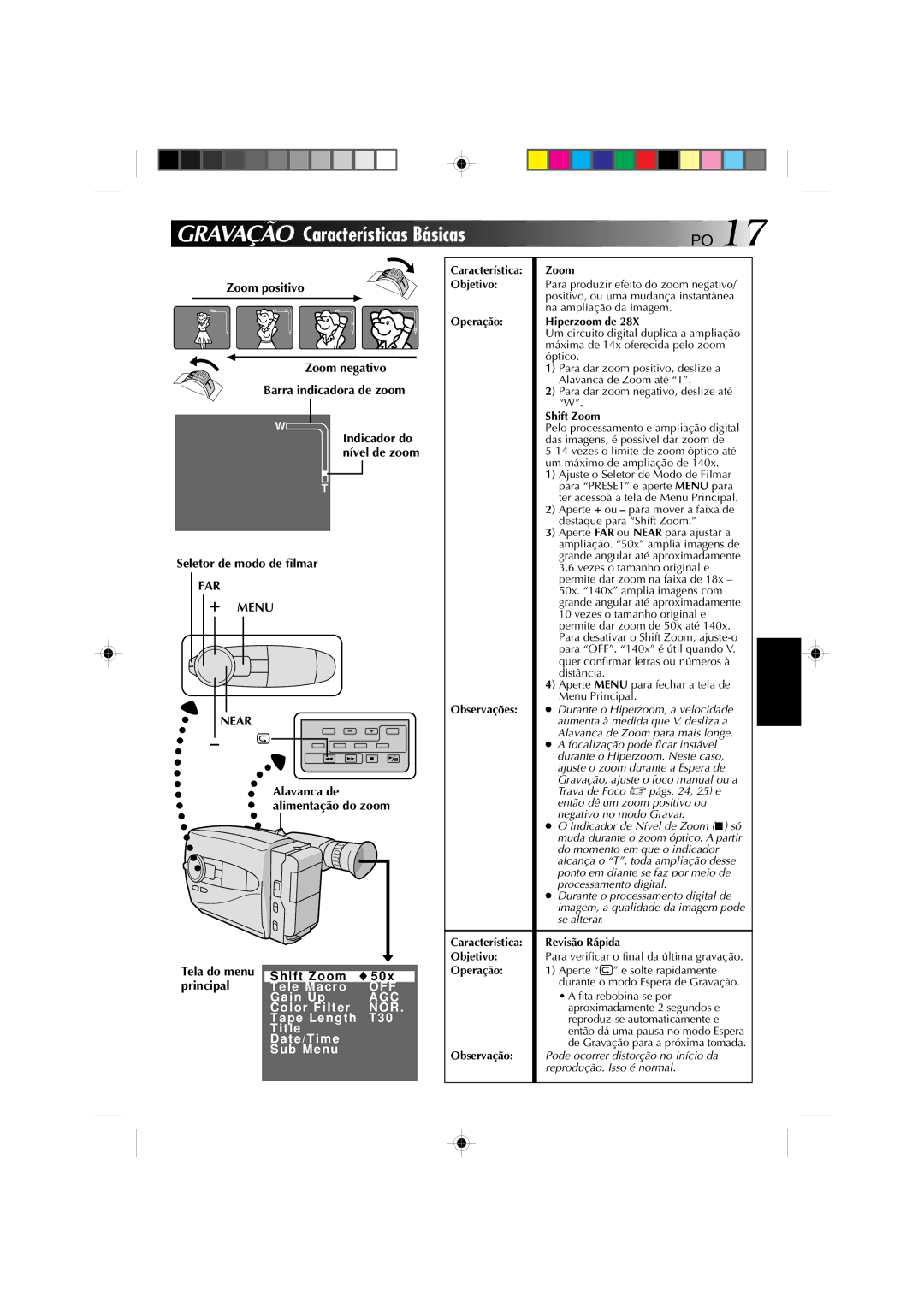 JVC GR-AX1027 manual Gravação Características Básicas, Zoom positivo Zoom negativo Barra indicadora de zoom 