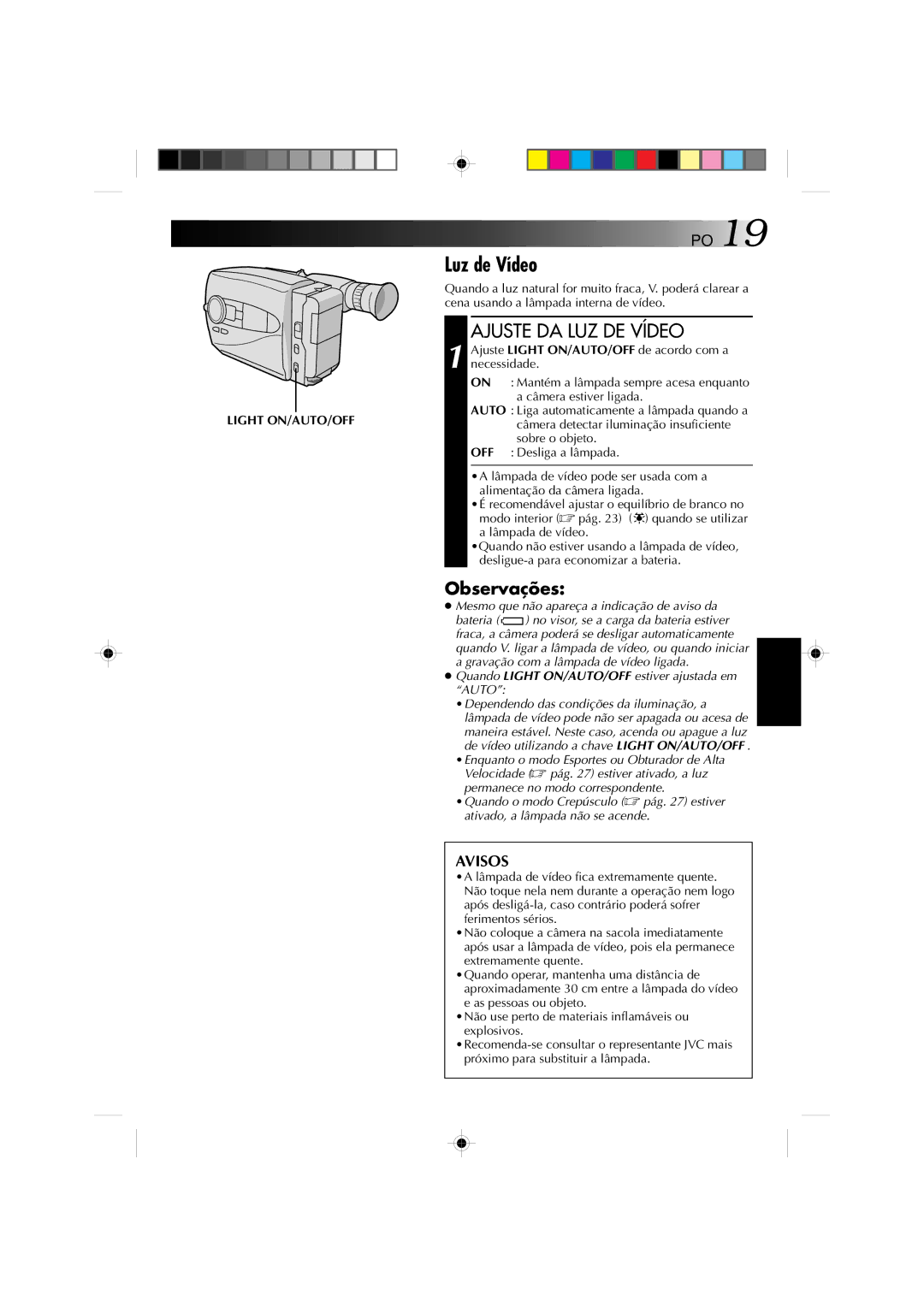 JVC GR-AX1027 manual Luz de Vídeo, Ajuste DA LUZ DE Vídeo, Observações, Off 