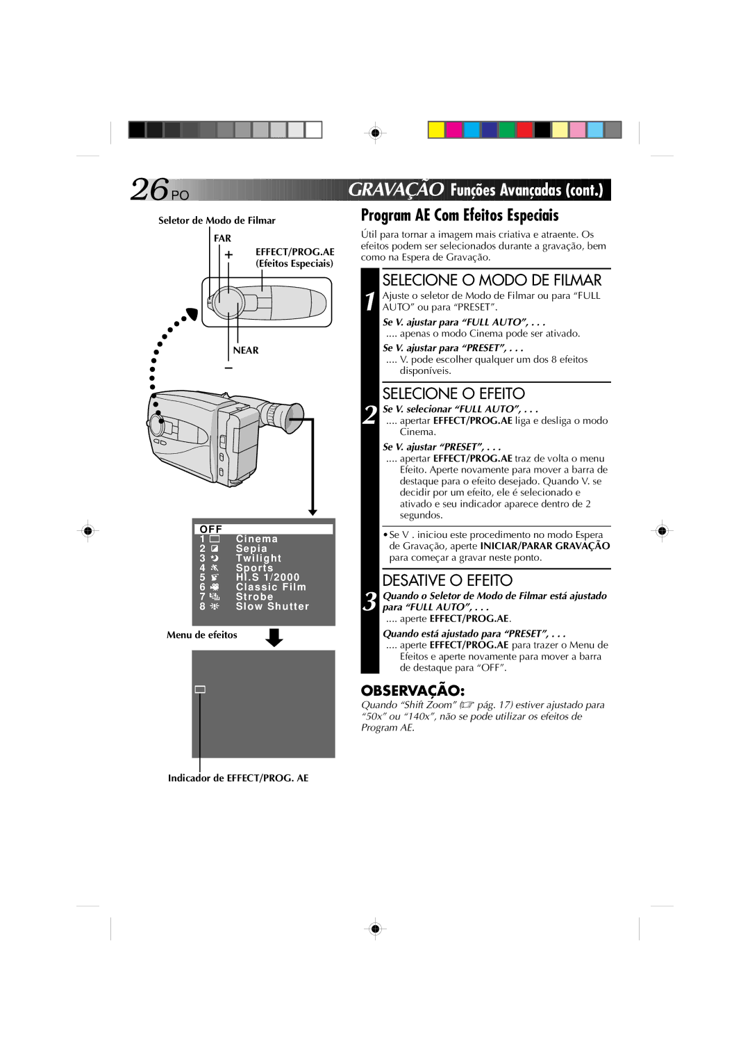 JVC GR-AX1027 manual Program AE Com Efeitos Especiais, Selecione O Efeito, Desative O Efeito 