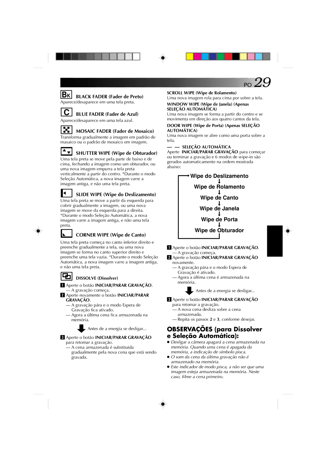 JVC GR-AX1027 manual Observações para Dissolver e Seleção Automática 