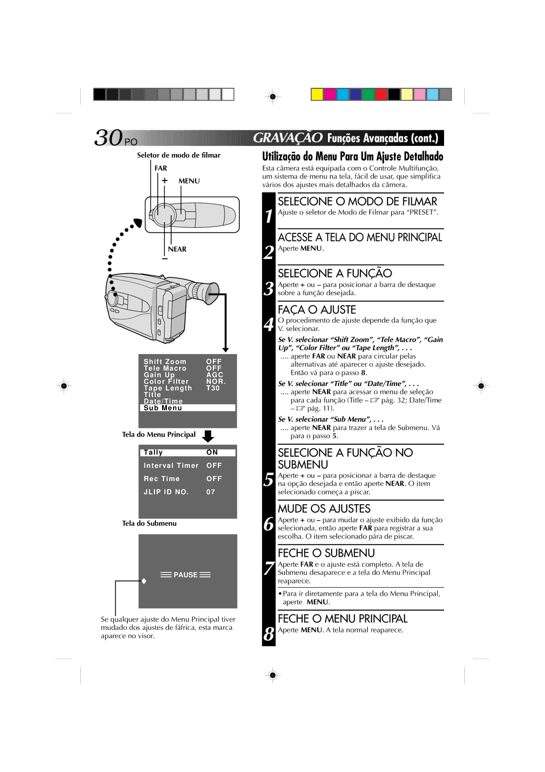 JVC GR-AX1027 manual Utilização do Menu Para Um Ajuste Detalhado 