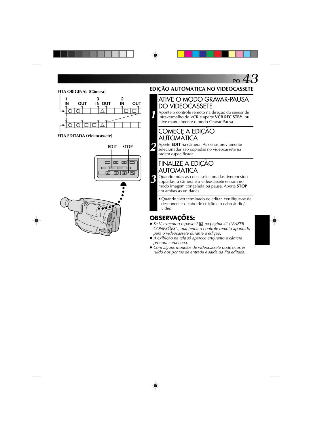 JVC GR-AX1027 Comece a Edição Automática, Finalize a Edição Automática, Fita Original Câmera, Fita Editada Videocassete 