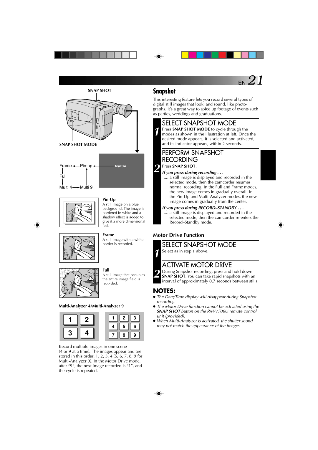 JVC GR-AX1027 manual Select Snapshot Mode, Perform Snapshot Recording, Activate Motor Drive 