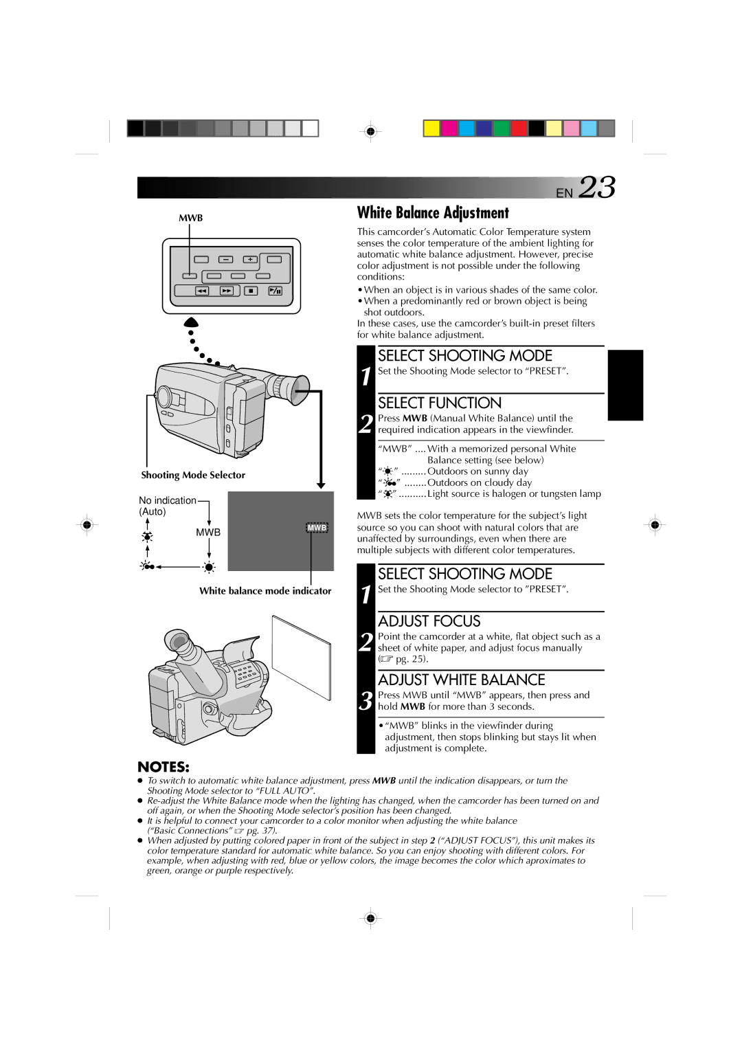 JVC GR-AX1027 manual White Balance Adjustment, Adjust Focus, Adjust White Balance, Mwb, White balance mode indicator 