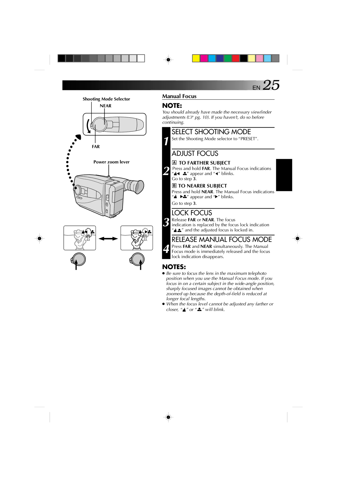 JVC GR-AX1027 manual Release Manual Focus Mode, To Farther Subject, To Nearer Subject 