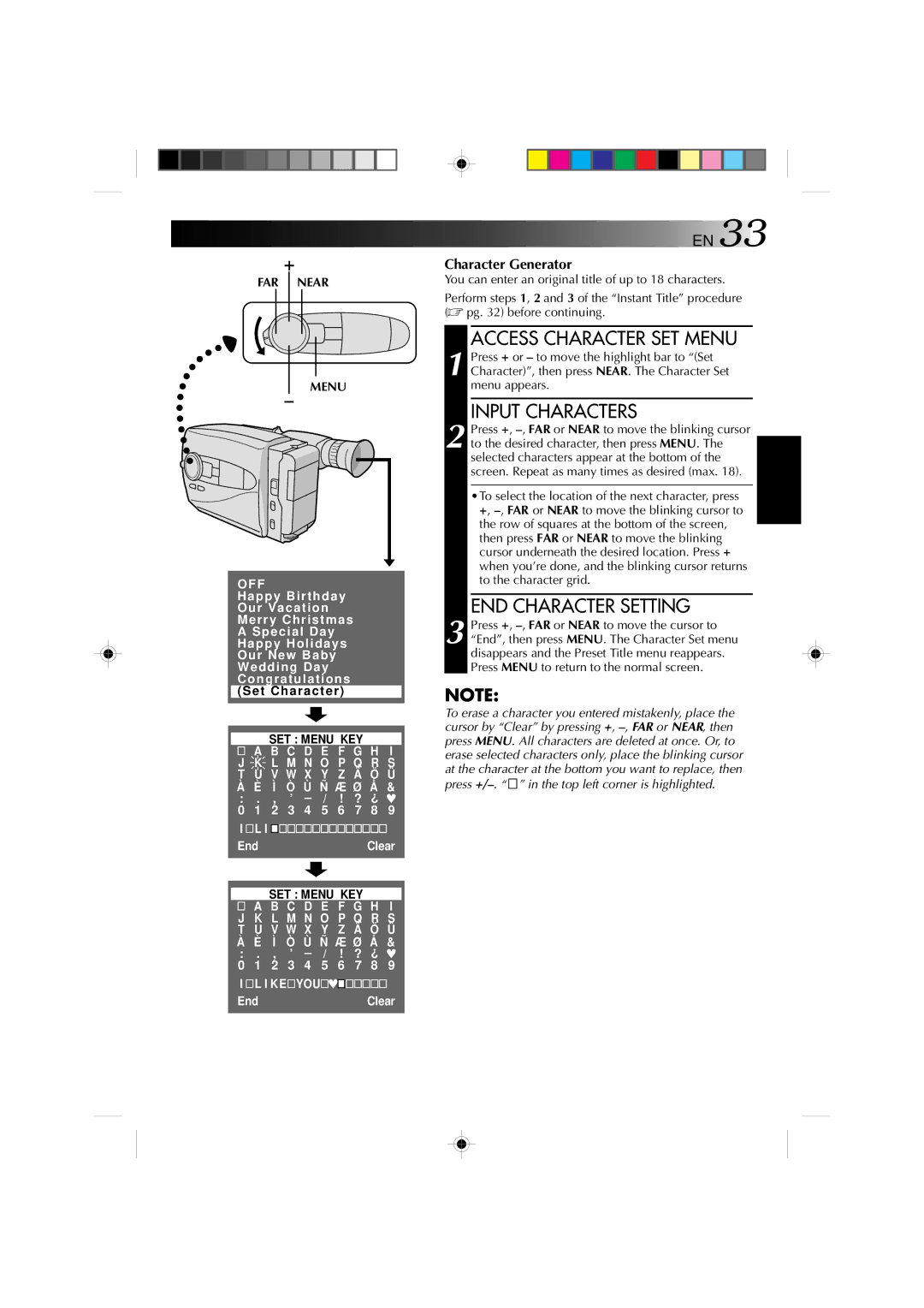 JVC GR-AX1027 manual Access Character SET Menu, Input Characters, END Character Setting, Character Generator, FAR Near Menu 